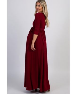 Burgundy Draped 3/4 Sleeve Maternity Maxi Dress