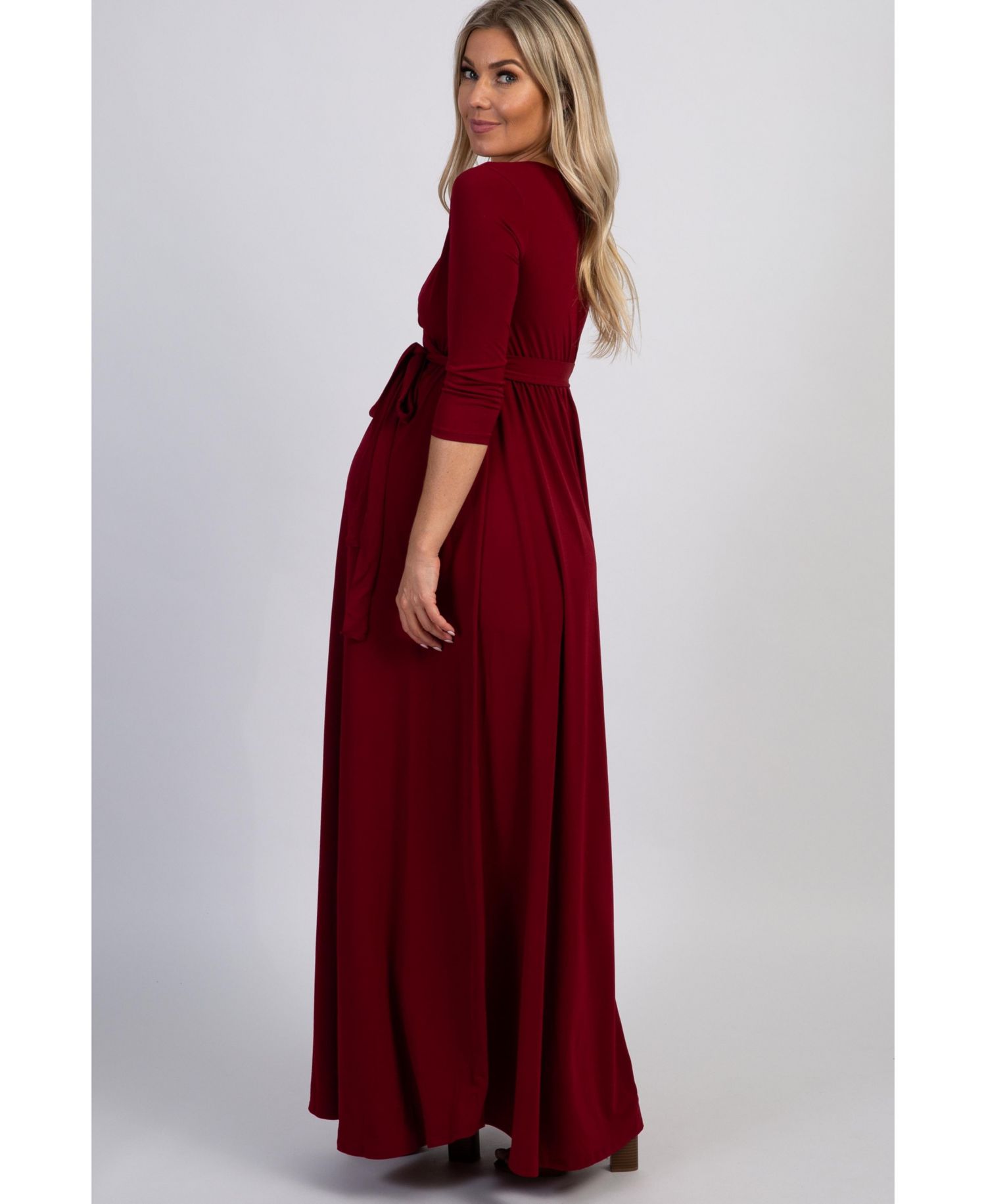 Women's Burgundy Draped 3/4 Sleeve Maxi Dress
