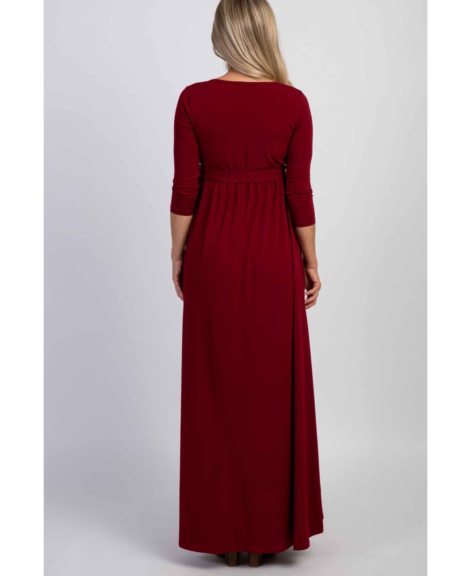Women's Burgundy Draped 3/4 Sleeve Maxi Dress