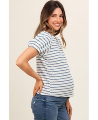 Maternity Light Blue Striped Textured Puff Sleeve Top