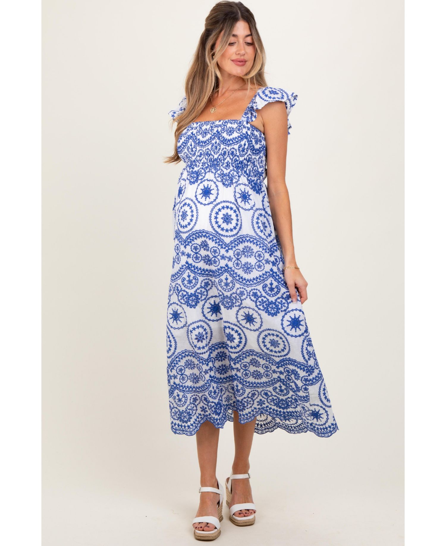 Women's Light Navy Embroidered Smocked Cutout Midi Dress