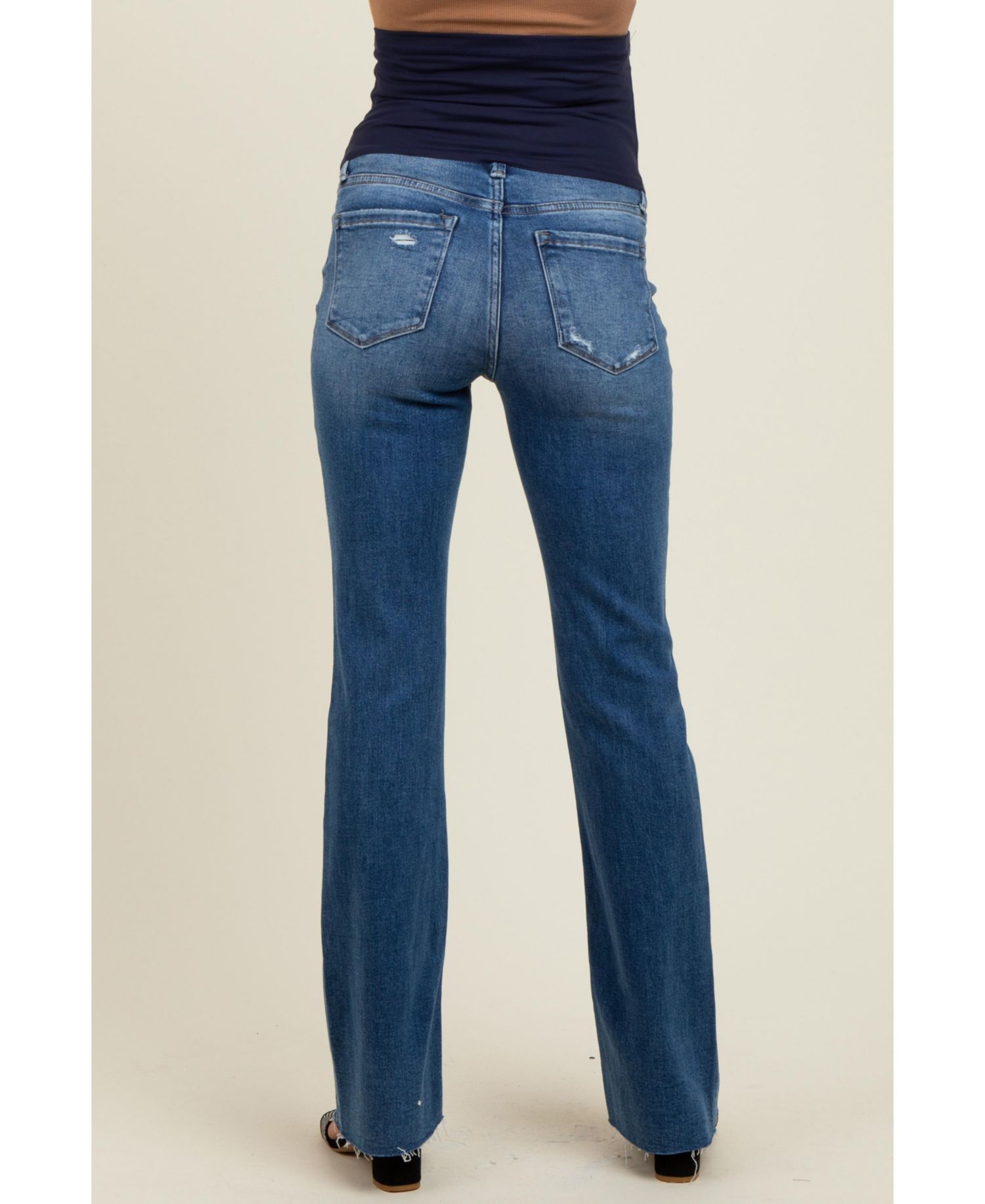 Women's Navy Blue Distressed Raw Hem Bootcut Jeans