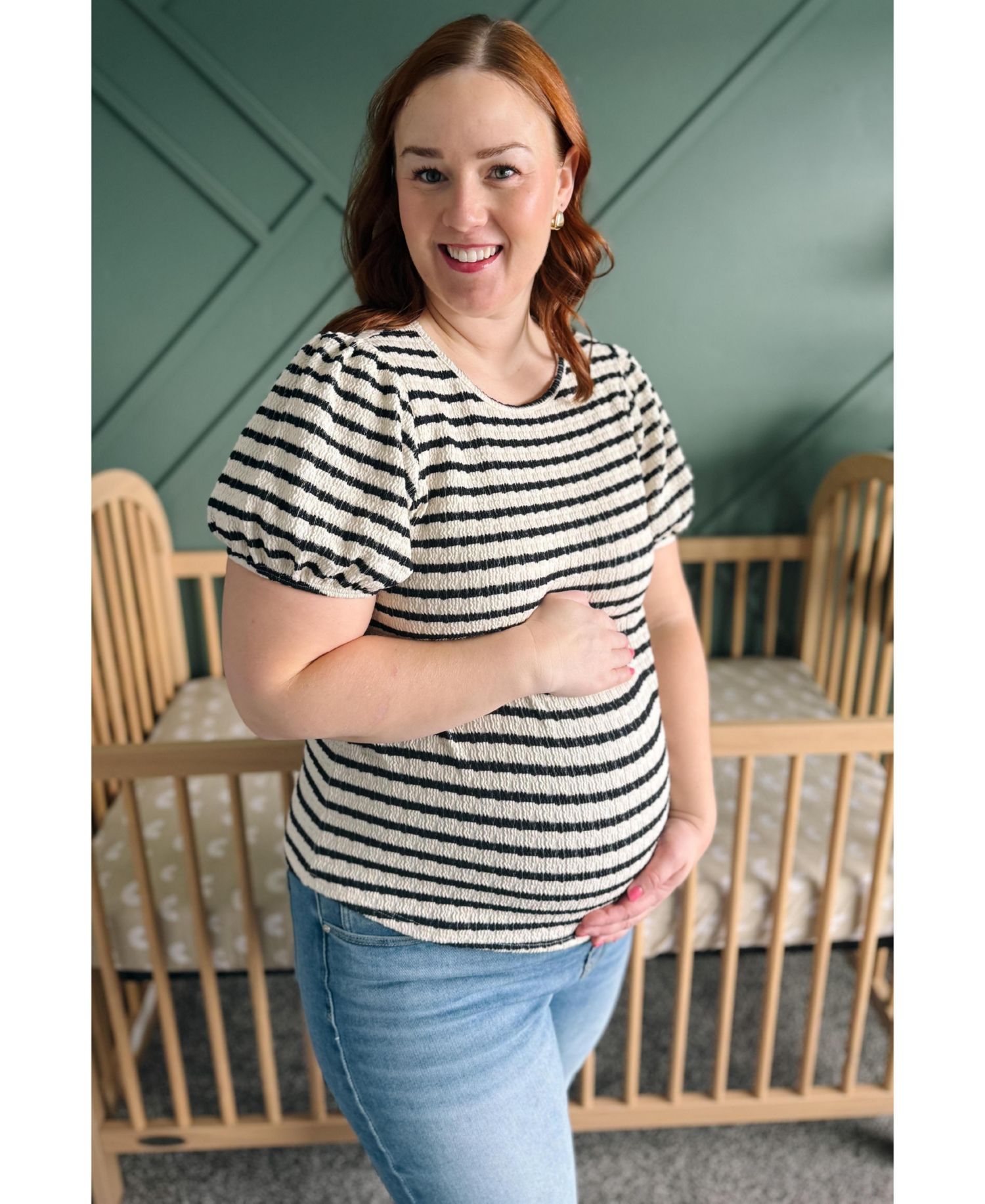 Women's Light Blue Striped Textured Puff Sleeve Top