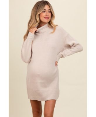 Maternity Beige Turtle Neck Mini Sweater Dress