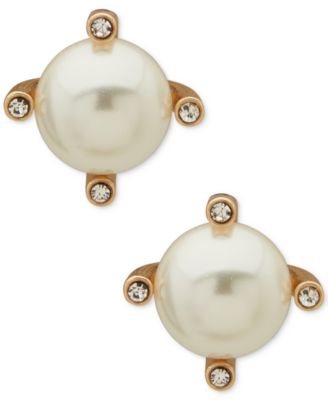 Anne Klein - Gold Tone White Pearl Crystal Stud Earrings