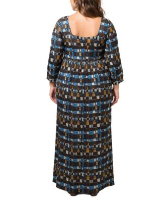 Plus Size Brown Geometric Print 3/4 Sleeve Dress