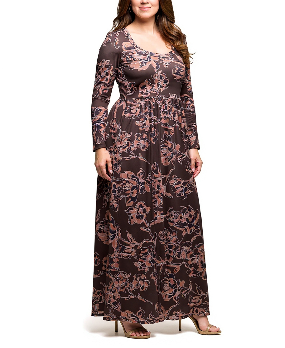 24seven Comfort Apparel Plus Size Blush Floral Long Sleeve Maxi Dress In Multi