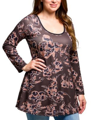Plus Size Brown Floral Print Long Sleeve Tunic Top