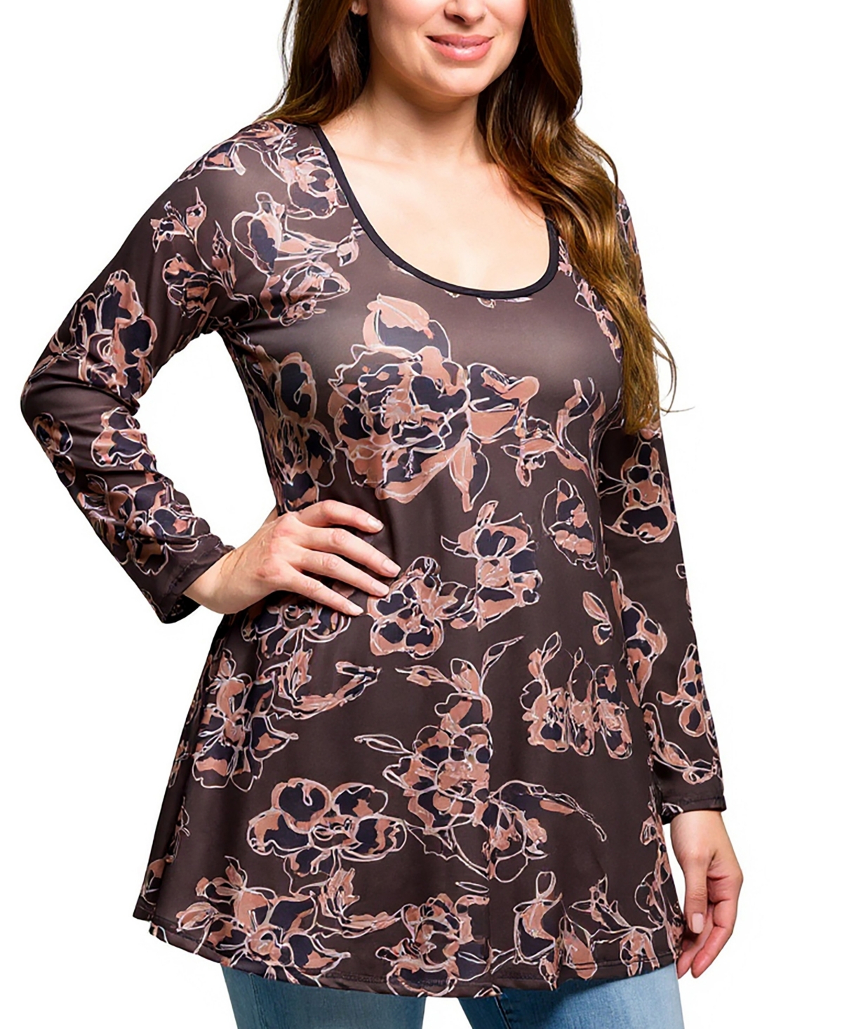 24seven Comfort Apparel Plus Size Brown Floral Print Long Sleeve Tunic Top In Multi