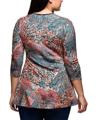 Plus Size Animal Print V Neck Three Quarter Sleeve Tunic Top