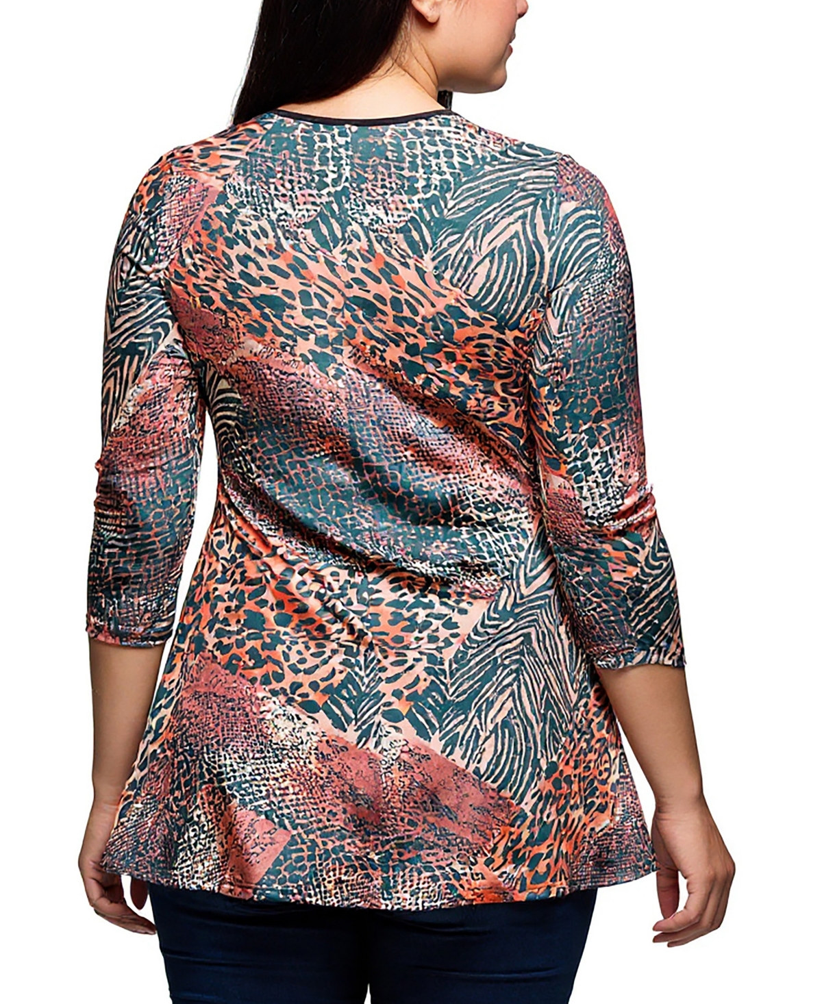 24seven Comfort Apparel Plus Size Animal Print V Neck Three Quarter Sleeve Tunic Top In Multi
