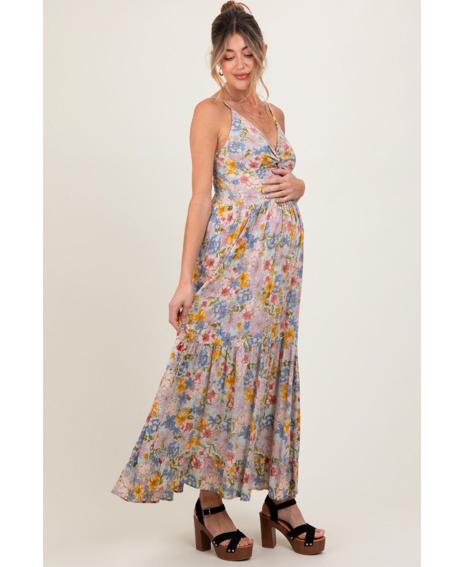 Women's Mint Green Floral Twist Front Cutout Maxi Dress