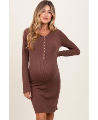 Maternity Brown Ribbed Long Sleeve Half Button Up Fitted Dress