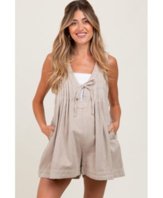 Maternity Deep V-Neck Pleated Front Tie Sleeveless Romper