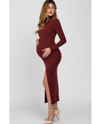 Maternity Burgundy Ribbed Mock Neck Side Slit Maxi Dress