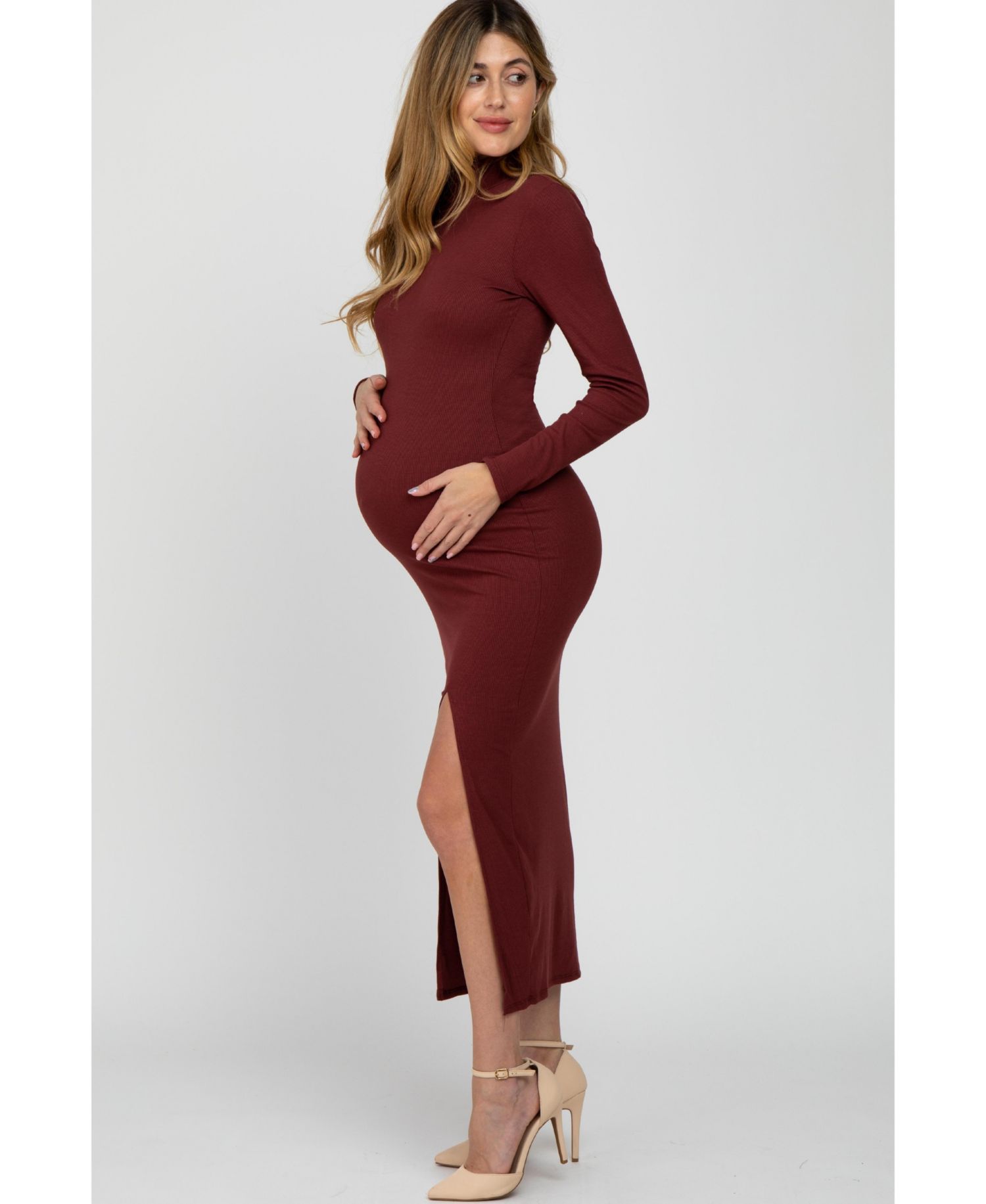 Maternity Ribbed Mock Neck Side Slit Maxi Dress