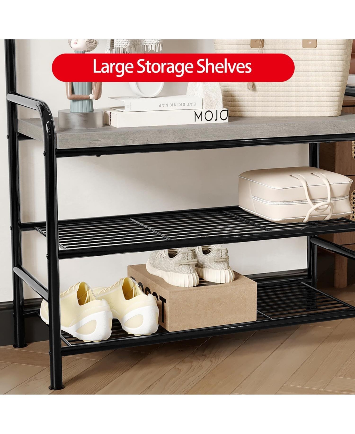 Hall Tree Shoe Bench, 4-in-1 Industrial Entryway Storage Bench with 8 Sturdy Hooks, Freestanding Coat Rack for Small Spaces, Apartments