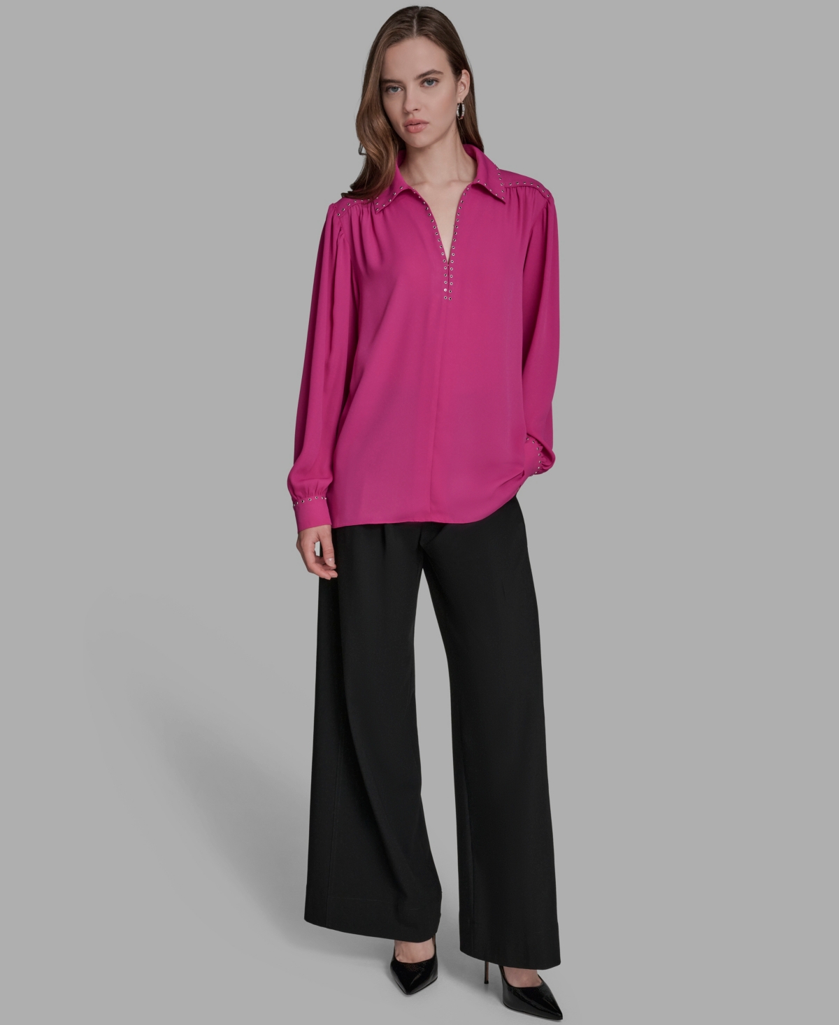 Bcbg Women's Long Sleeve Embellish Trim Top In Pink