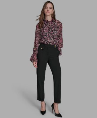 Women's Flat Front Two Button Tab Mid Rise Pants