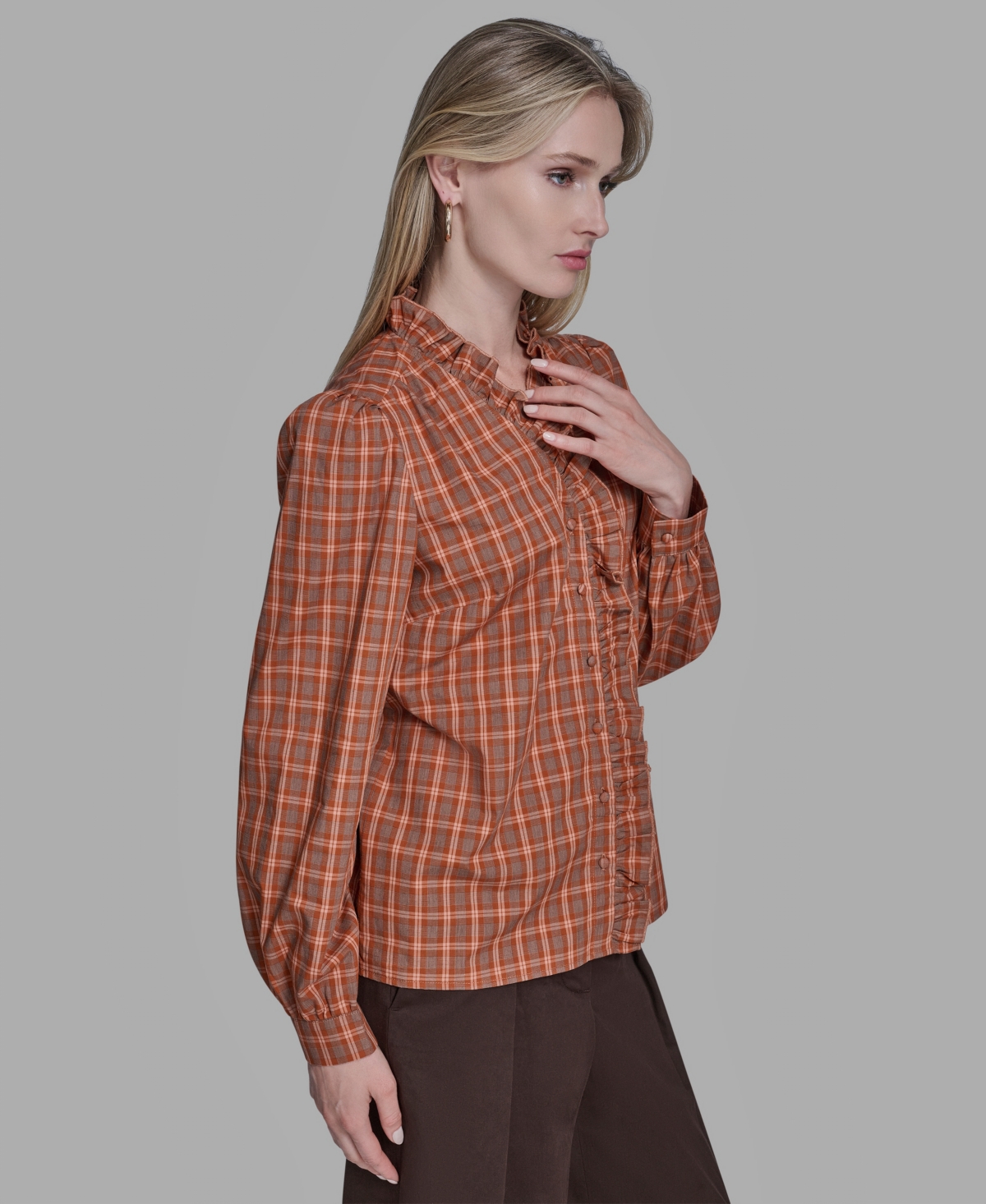 Bcbg Women's Plaid Button Placket V-neck Top In Brown