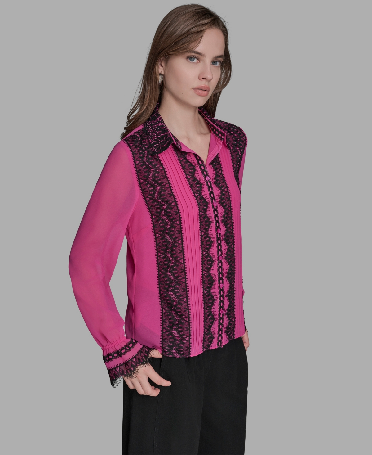 Bcbg Women's Long Sleeve Contrast Lace Top In Pink