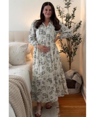 Maternity Olive Floral Button Front Tiered Long Sleeve Maxi Dress