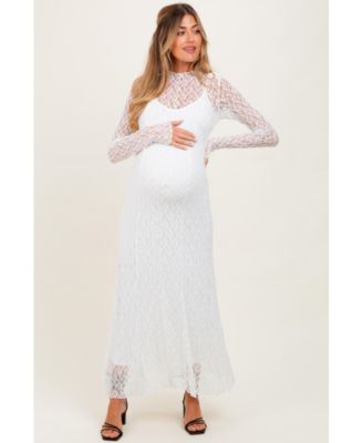 Maternity White Lace Mock Neck Long Sleeve Maxi Dress