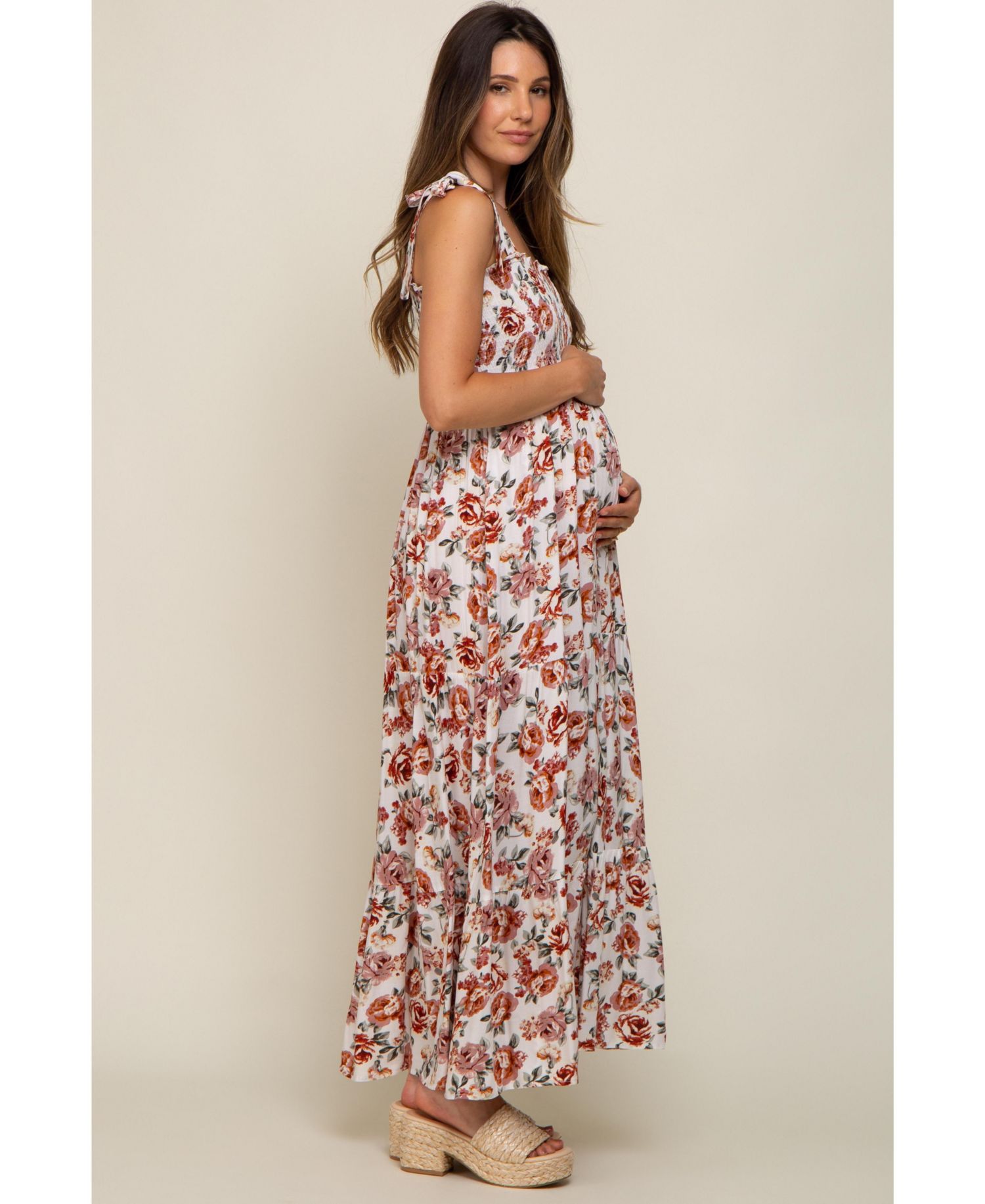 Women's Cream Floral Smocked Shoulder Tie Tiered Maxi Dress