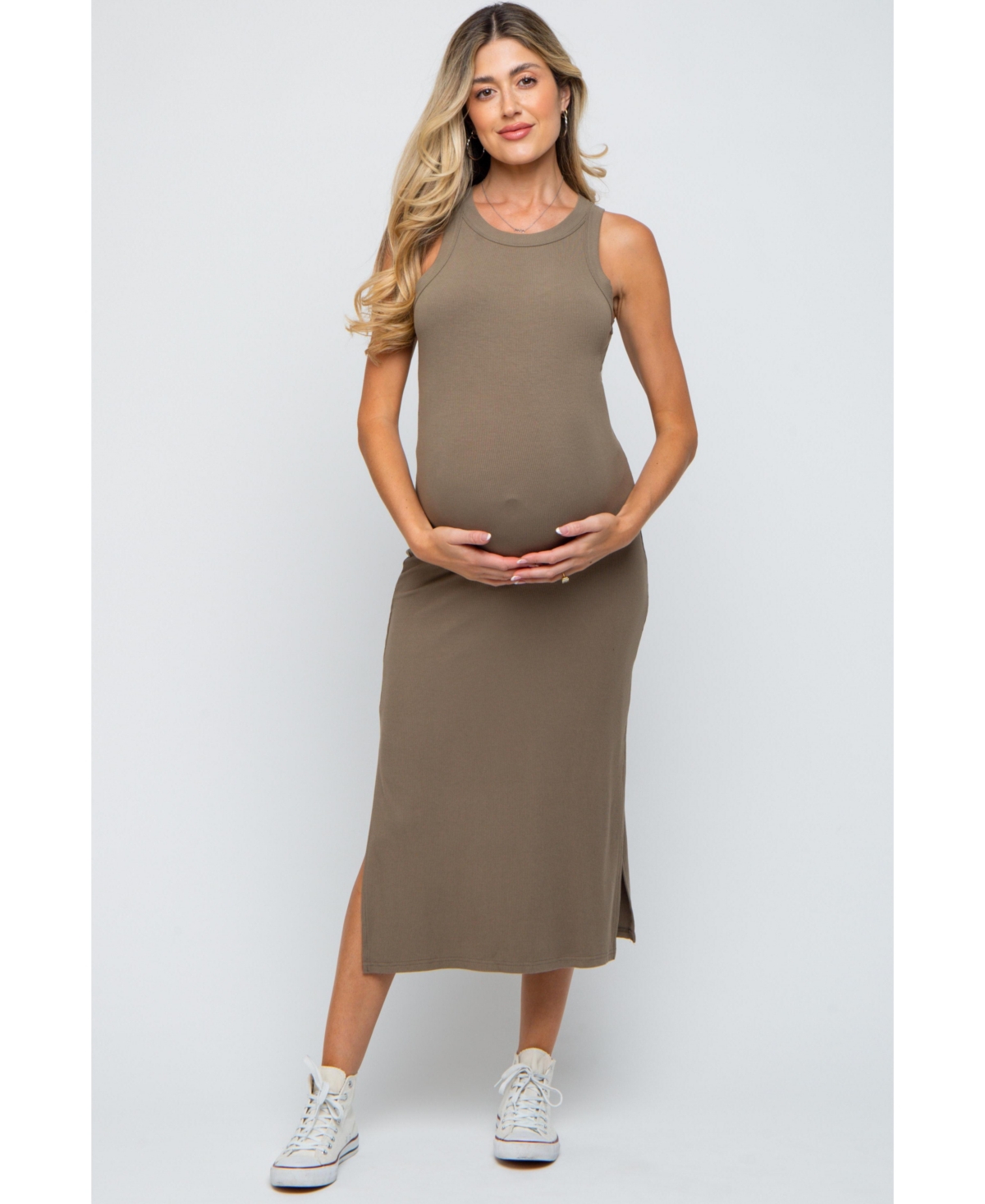 Pinkblush Maternity Taupe Ribbed Side Slit Tank Dress