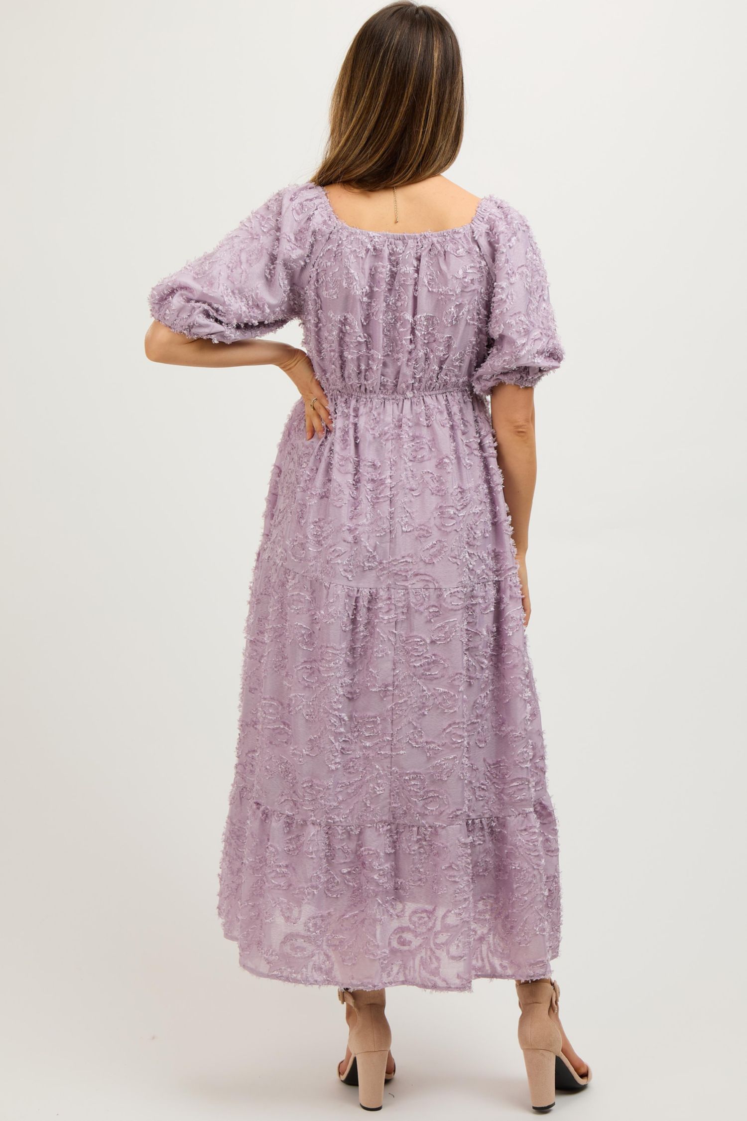 Women's Lavender Fringe Textured Short Puff Sleeve Midi Dress