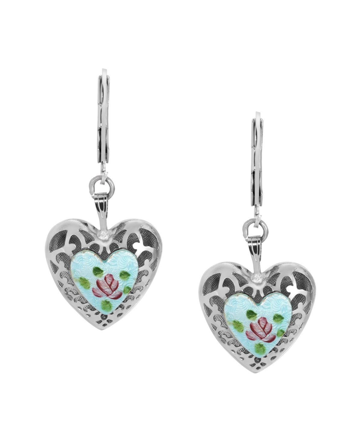 2028 Heart Floral Enamel Leverback Earrings In Blue