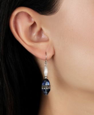 Silver Tone Blue Bead Drop Earrings