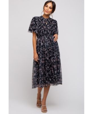 Maternity Black Floral Smocked Mesh Knit Midi Dress