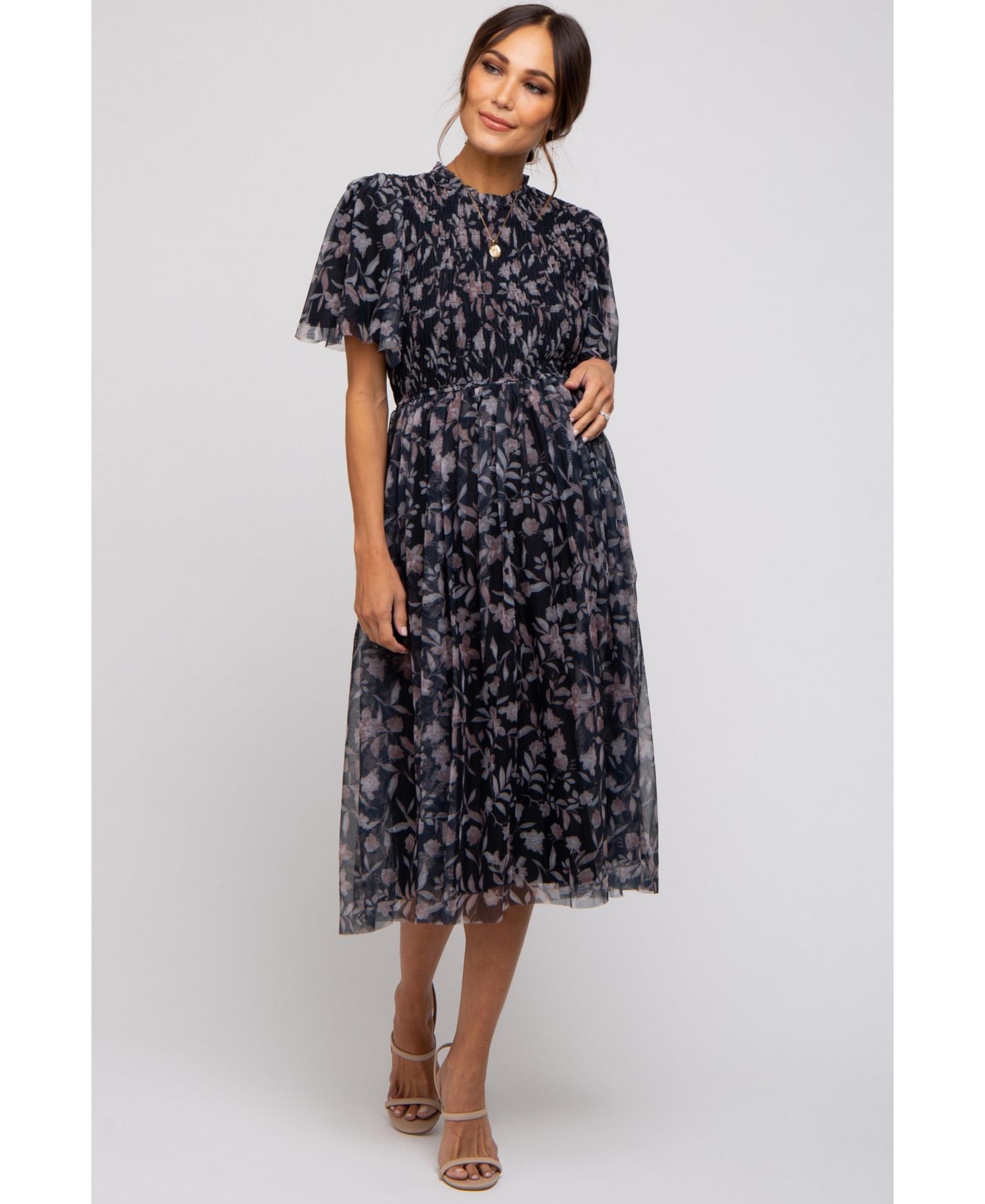 Women's Black Floral Smocked Mesh Knit Midi Dress