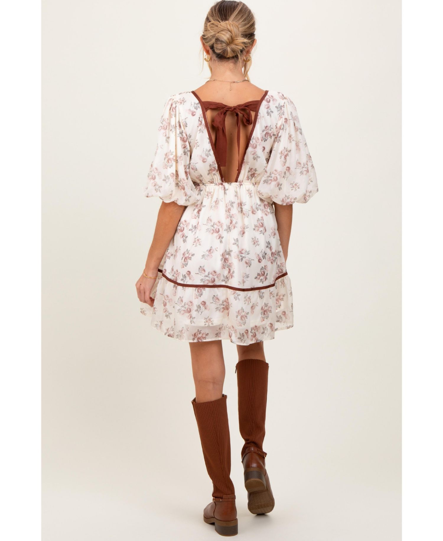 Women's Cream Floral Deep V-Neck Back Cutout Dress