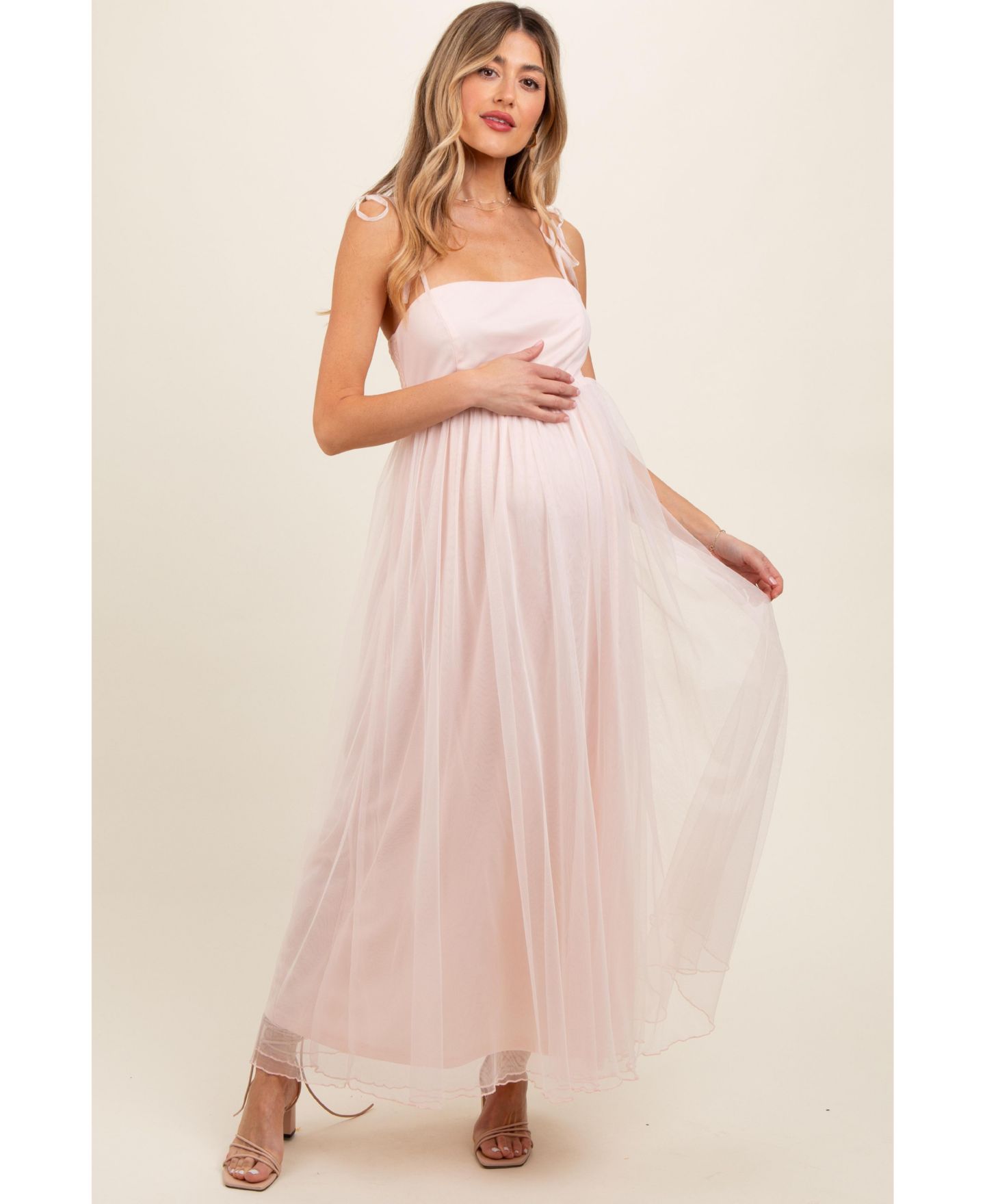 Женское платье Pinkblush Light Pink Square Neck Shoulder Tie Tulle Maxi, цвет: Светлый розовый — фото 1