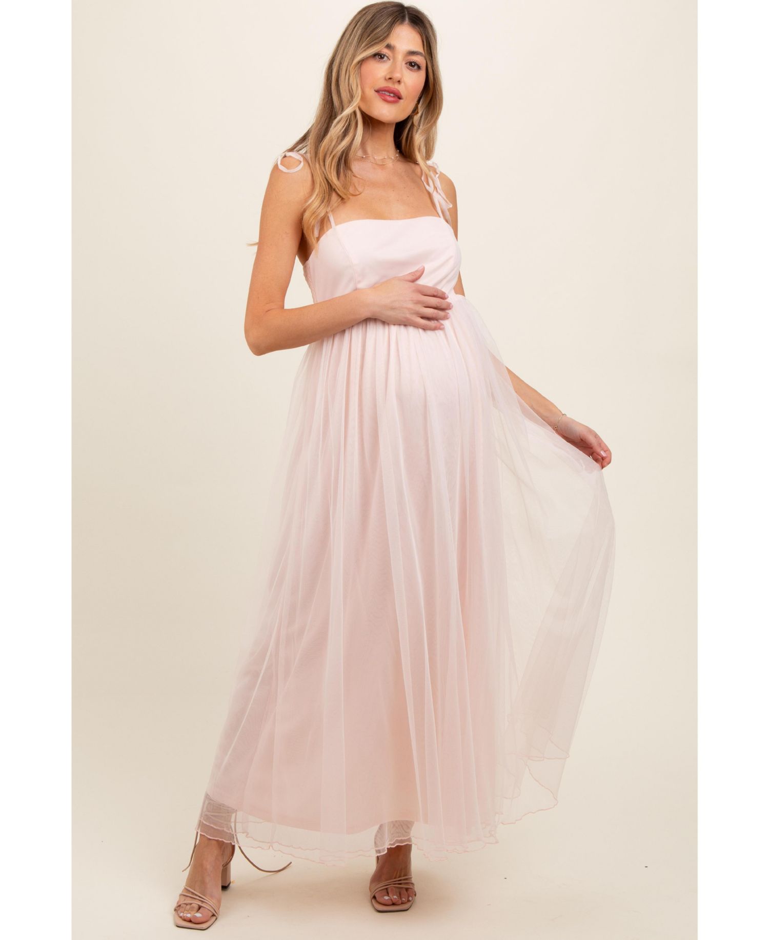 Women's Light Pink Square Neck Shoulder Tie Tulle Maxi Dress