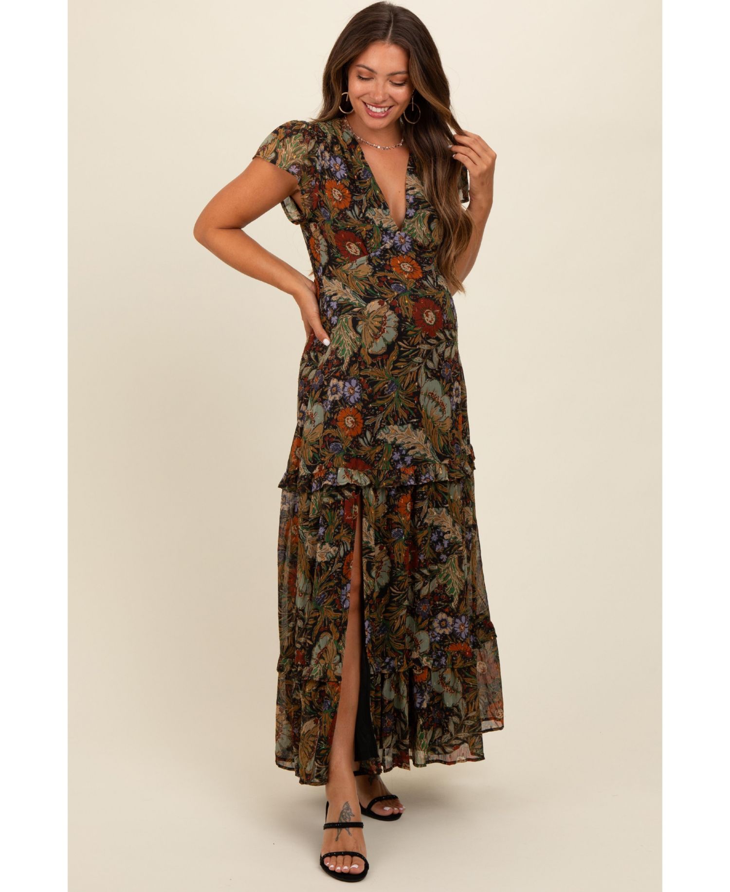 Women's Black Floral Deep V-Neck Tiered Maxi Dress