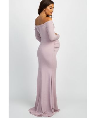 Maternity Pink Metallic Off Shoulder Long Sleeve Wrap Photoshoot Gown/Dress