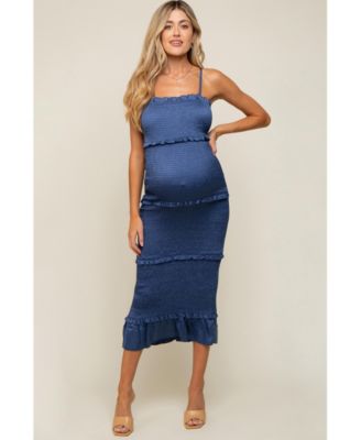 Olive Satin Smocked Fitted Maternity Maxi Dress