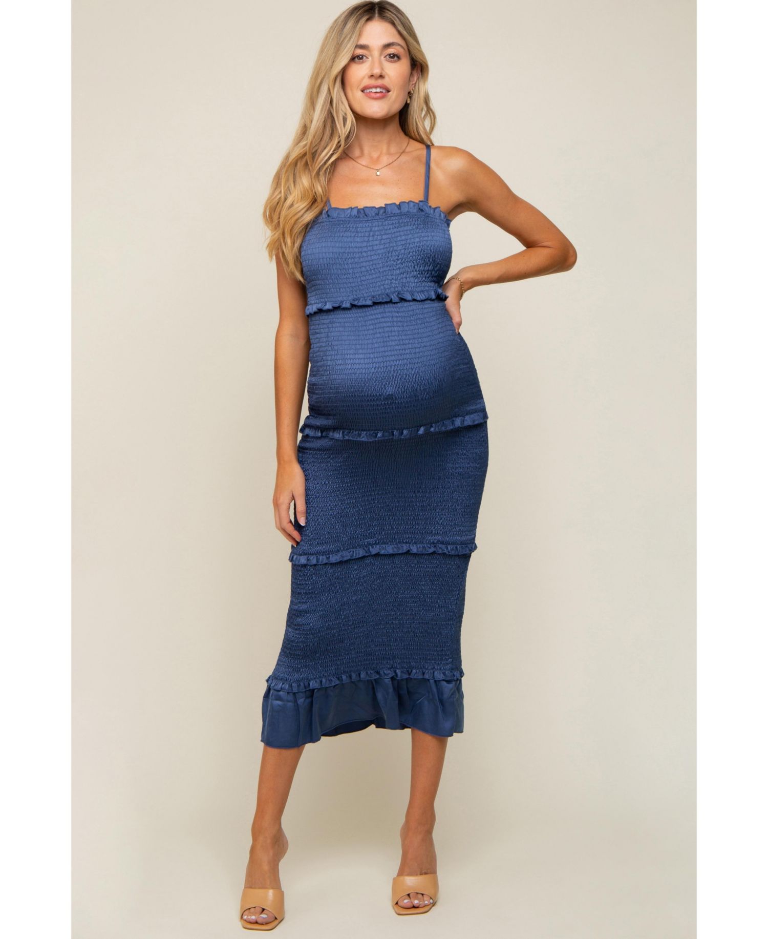 Women's Blue Satin Smocked Fitted Maxi Dress