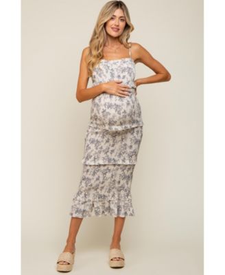Maternity Cream Floral Smocked Fitted Midi Dress