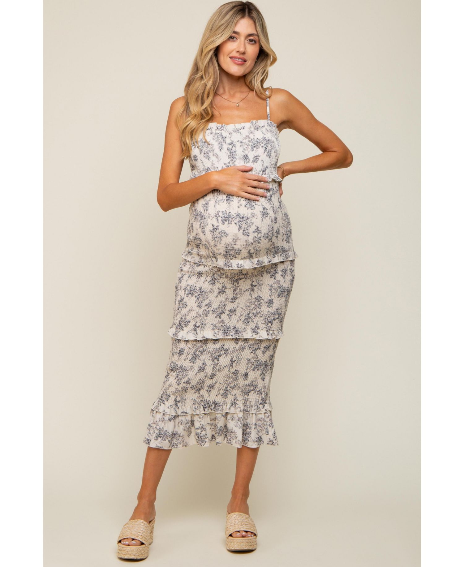 Women's Cream Floral Smocked Fitted Midi Dress