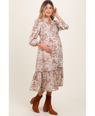 Maternity Brown Printed Split Ruffle Collar Midi Dress