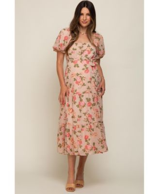 Maternity Pink Floral Button Puff Sleeve Midi Dress