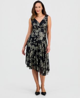 Connected - Petite Metallic Floral Print Asymmetric Midi Dress