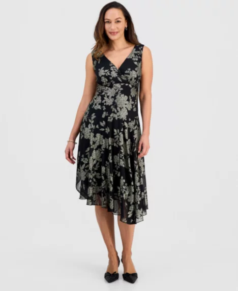 Petite Metallic Floral Print Asymmetric Midi Dress - B/g