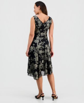 Petite Metallic Floral Print Asymmetric Midi Dress