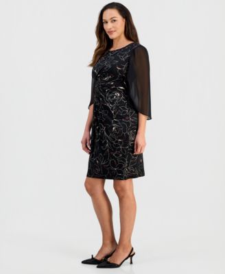 Petite Sheer-Sleeve Printed Sheath Dress