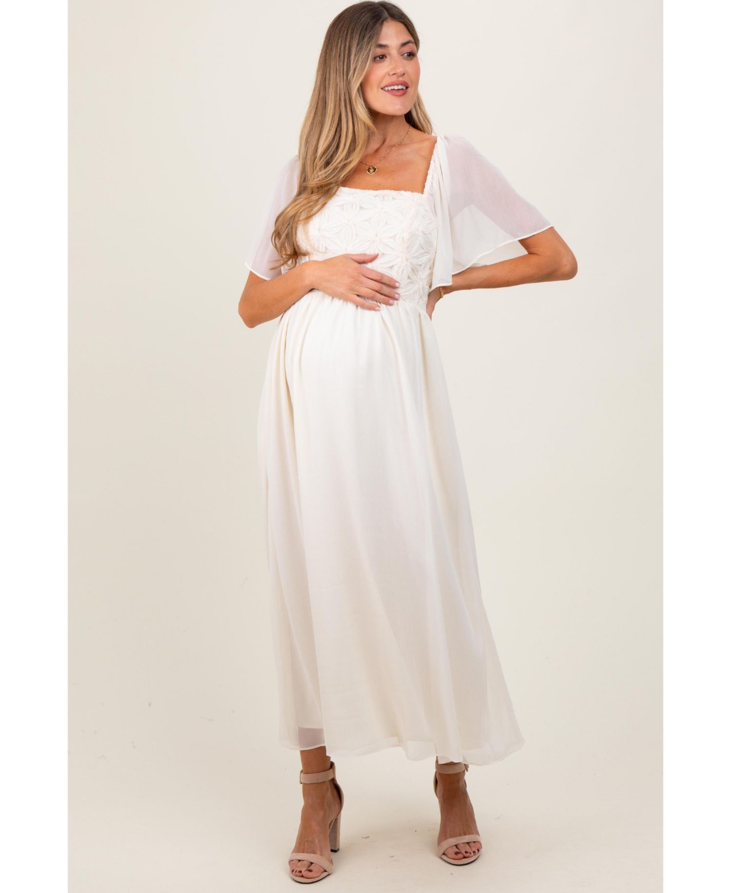 Women's Cream Floral Applique Flutter Sleeved Midi Dress